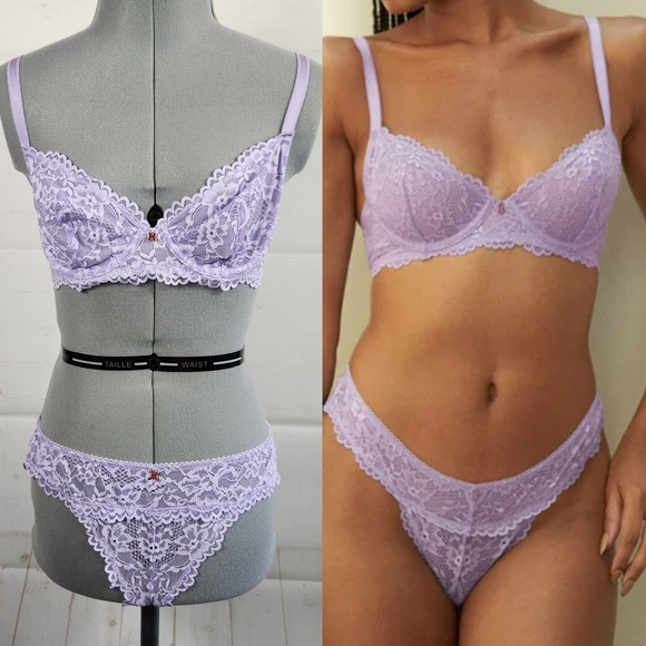 Savage X Fenty Floral Lace Unlined Bra & Cheeky Panty (Small) Set in Purple 32B - Picture 1 of 10